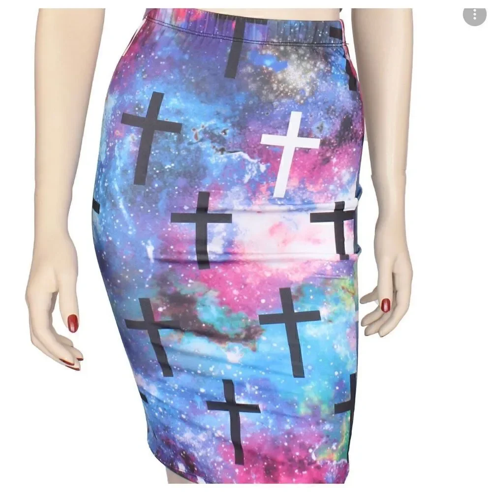 Modern Lux Stretch Multicolor and Cross Midiskirt, S, christcore, bubble goth